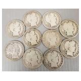 10 U.S. silver Barber half dollars- asst. dates