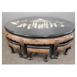 Chinese carved low table w/ 6 stools & glass top-