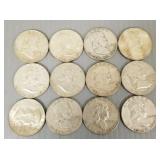 12 U.S. silver Franklin half dollars- asst. dates