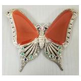 Large sterling silver & carnelian butterfly pin w/