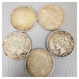 5 U.S. silver Peach dollars: two 1923, 1922, 1926,