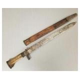 Antique short sword w/ antler handle & sheath