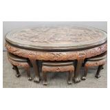 Elaborately carved Chinese low table w/ 6 benches-