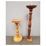2 wooden turned plant stands- one oak- 33'H taller