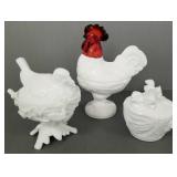 3 milk glass hens on nests, etc- 8 3/4" tallest