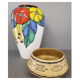 2 decorated pottery pcs incl 1 signed Jane Richey,