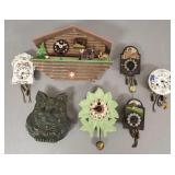 7 miniature novelty, etc wall clocks incl kitten,