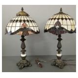 2 antique style stained & leaded glass lamps both