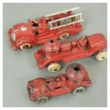 3 antique cast iron fire trucks: 2 Hubley pumpers