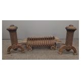 Large pair Arts & Crafts iron andirons & fire