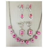 3 pcs Art Deco hot pink stone jewelry: necklace &