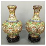2 champleve/ cloisonne vases w/ wood stands-