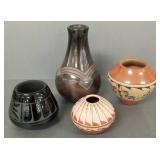 3 signed Southwest pots incl one w/ turquoise,