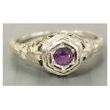 Vintage 14k white gold filigree ring s/w purple