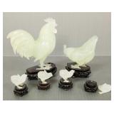 6 carved jade chicken figures w/ wood stands-