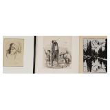 3 pcs art: Daumier print, woodcut mountain scene