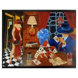 Lg framed oil painting on canvas- card player-