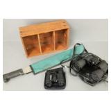 2 pair binoculars, machete & wood crate
