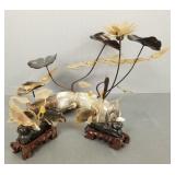3 intricate carved horn fish/ shrimp sculptures-
