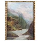 Antique oil painting on board- mountain lake