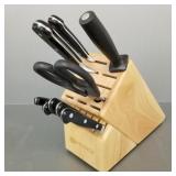 9 pcs Wusthof cutlery, etc w/ Wusthof knife block-