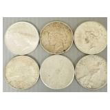 6 U.S. peace silver dollars: 1922-D, 1923-D,