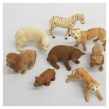 8 vintage composition toy zoo animals: zebra,