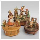 3 vintage Anri carved wood music boxes- 2 with