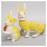 2 vintage German yellow composition rabbits: candy