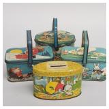 4 vintage tin litho candy boxes/ bank incl Peter
