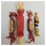 4 antique pull apart candy containers with scrap,