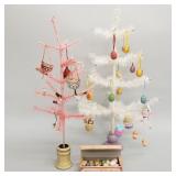 2 Easter feather trees with painted wood egg, etc