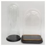 2 antique glass clock domes, etc. with wood bases