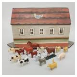 Painted wooden Noah's Ark with 15 assorted carved
