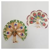 2 vintage spun glass peacock ornaments/