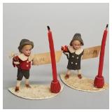 2 antique bisque head figural place card candle