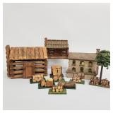 3 vintage folk art wood houses with 8 miniature