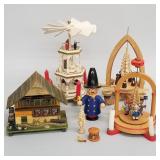 Group wooden Christmas pyramids, music box,