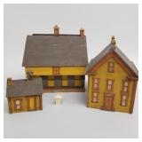 3 antique folk art painted wood buildings (house,