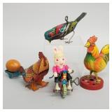 4 vintage tin litho etc. toys incl wind-up bird,