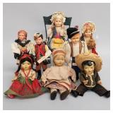 8 vintage folk dolls in regional costumes with