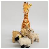 4 assorted Steiff animals incl giraffe, 2 mountain