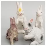 4 vintage composition rabbit figures incl candy