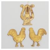 3 vintage Dresden ornaments, etc: 2 roosters & a