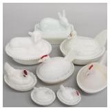 8 vintage milk glass covered animal dishes: 6