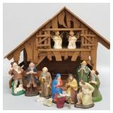 Vintage creche set: handcrafted wood stable with