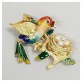 14K gold Italian bird brooch with enamel & pearls-