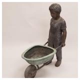 Bronze little boy with wheel barrow- 39"H 17"W
