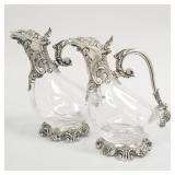 2 Italian pewter mounted glass claret jugs-