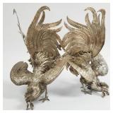 Large impressive pair brass fighting roosters-